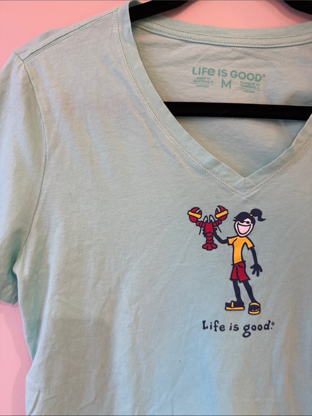 Life is Good mint V Neck Tee with Lobster Cartoon size M 100% cotton Boston